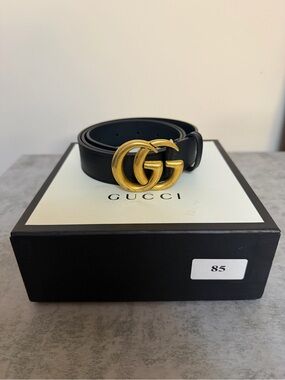 Gucci Black Leather Belt with Gold Double G Buckle sz 85